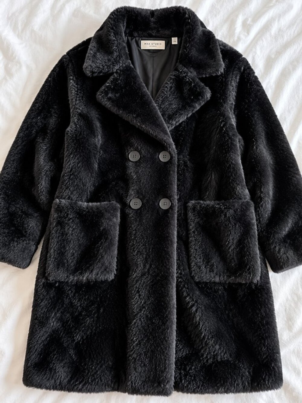 Max Studio London Black Faux Fur Double Breasted Coat L/XL